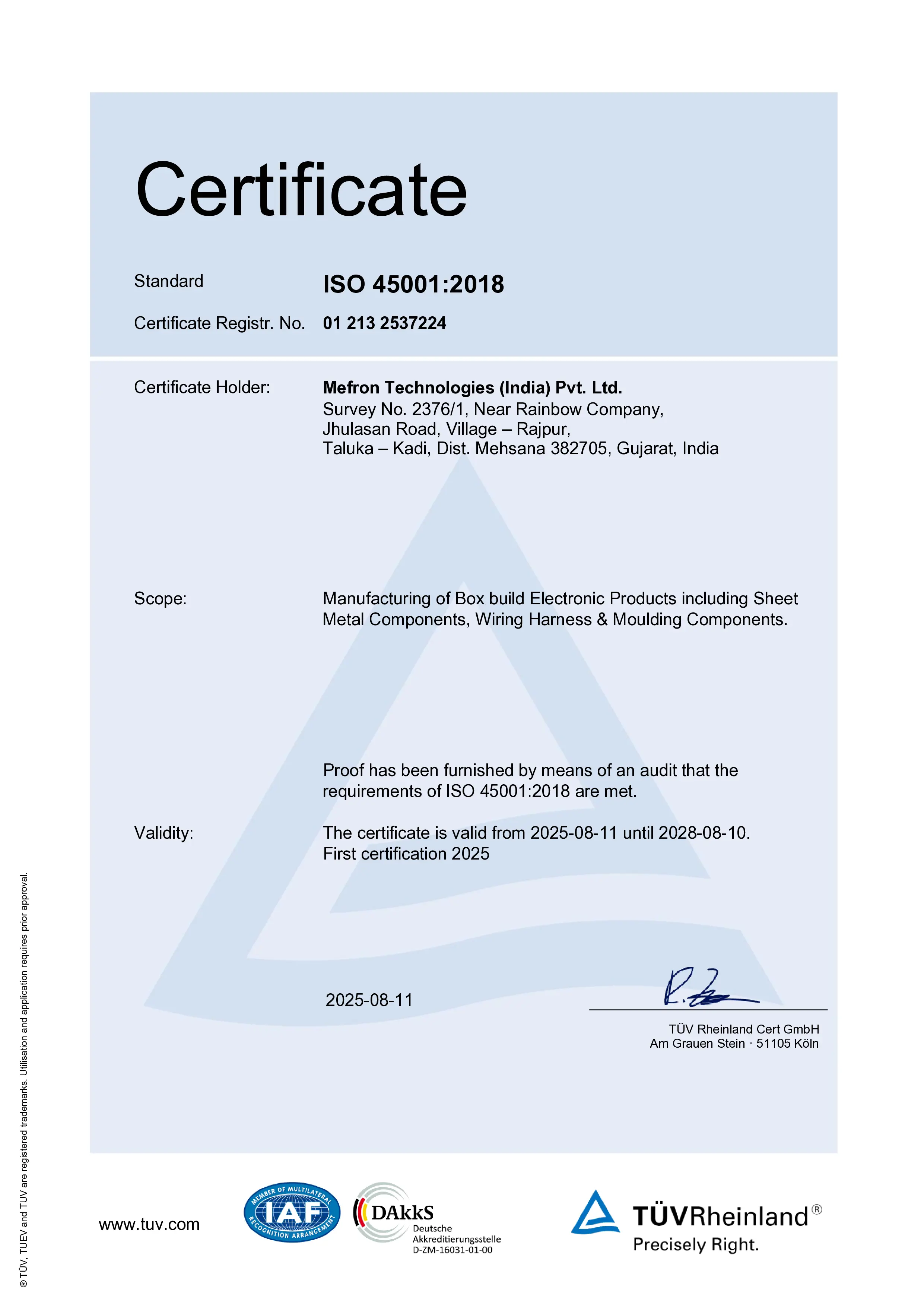 Mefron Technologies ISO 45001 Certificate